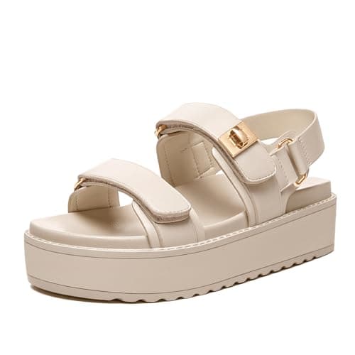 Rihero Womens Platform Sandals Leather Comfortable Wide Width Nude Sandals Double Strap Summer Flatform Beach Sandals Size 8.5 - Image 1