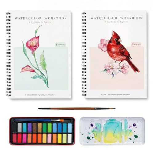 Rurolo Watercolor Workbook for Adults & Beginners - Spiral Bound Kit with 24 Paint Colors, Brushes & 300GSM Paper - Step-by-Step Flower & Animal Painting Guide for Stress Relief & Relaxation (6.5x9) - Image 1
