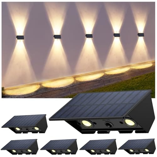 Solar Fence Lights with 4 Bulbs, 6 Pack WarmWhite Fence Lights Solar Powered, IP54 Waterproof Solar Wall Lights for Up&Down, Dusk to Dawn 12 Hours Auto Illuminate for Deck/Wall/Step/Patio/Yard/House - Image 1