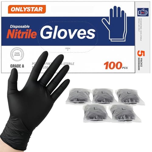ONLYSTAR 5-Mil Food Grade Disposable Nitrile Gloves Large, 100Pcs + 5 Bonus Travel Packs Black Cooking Gloves, Latex & Powder Free, Touchscreen, Textured Grip for Cleaning, BBQ, Grill, Tattoo, Barber - Image 1