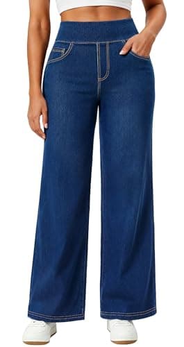 AVAMO Stretchy Jeans Wide Leg Jeans for Women Trendy Pull On High Waist Tummy Control Sweatpant Jean Denim Pants with Pockets Dark Blue - Image 1