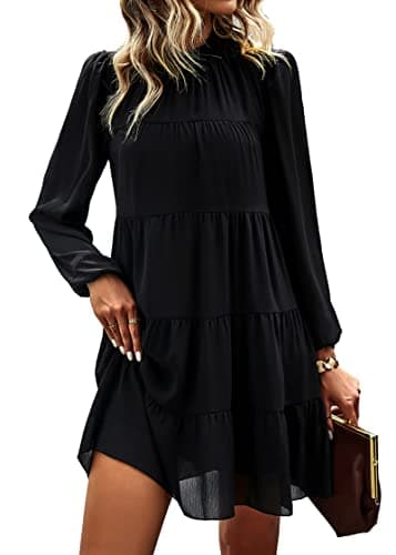 KIRUNDO Long Sleeve Baby Doll Dresses Women 2026 Casual Spring Summer Ruffle Mock Neck Tiered Mini Flowy Swing Shift Dress(Black, X-Large) - Image 1