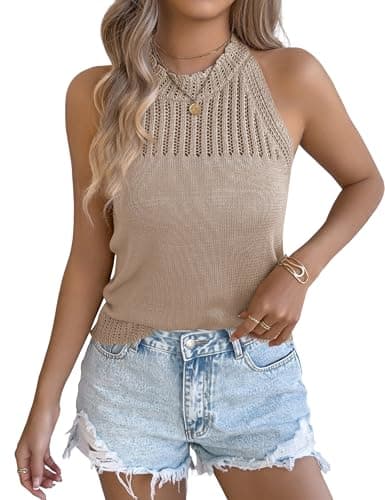 Yeokou Women Summer Knit Tank Crochet Sleeveless Crewneck Top Stretchy Casual Sweater Vest(Khaki-S) - Image 1