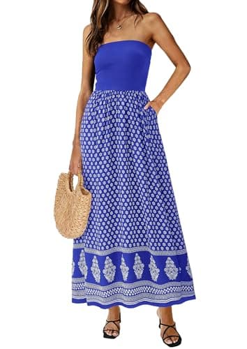 PRETTYGARDEN Women's Strapless Maxi Dress 2026 Summer Floral Tube Top Dress Long Flowy Boho Beach Wedding Dresses (Floral Royal Blue White,Medium) - Image 1