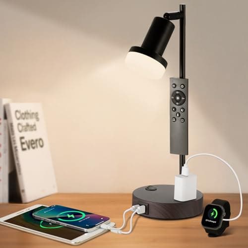 Lsctiff Industrial Table Lamp with Remote Control for Stepless Dimmer & Temperatures, Bedside Lamp with USB C+A Ports and AC Outlet, Flexible Head-Desk Lamp for Bedroom, Living Room, Office (Walnut) - Image 1