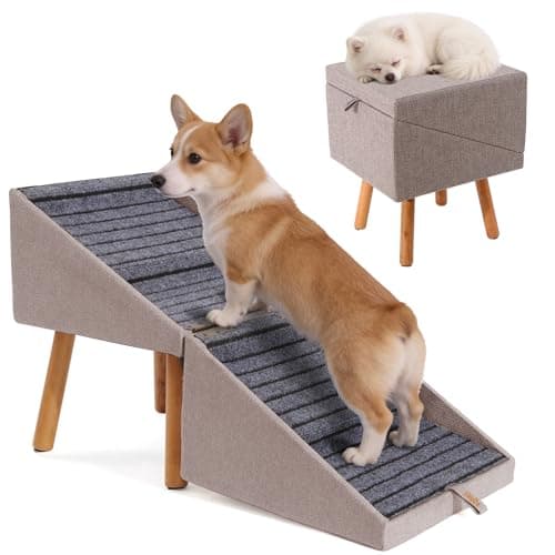 Dog ramp for Small Dogs, 2-in-1 Pet Steps & Ottoman - Foldable Dog ramp for Couch, Non-Slip Wooden Pet ramp for Puppy Senior Injured Dogs (Light Brown, XL(17.13H)) - Image 1