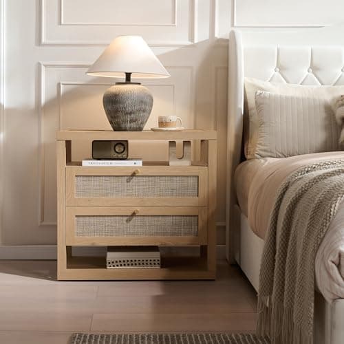 Rattan Nightstand with 2 Drawers and Open Shelf, Large Boho Bedside Table, Light Oak Wooden End Table for Bedroom, Modern Farmhouse Accent Sidetable - Image 1