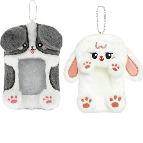 2PCS Cute Plush Photocard Holder with Keychain, Cartoon Animal Photo Sleeve ID Bank Badge Holder, Soft Idol Photo Protective Cover for Fans School Office, Best Christmas Birthday Gift - Image 1