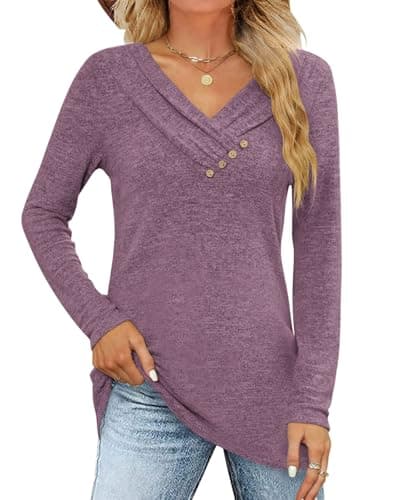 FMEYOA Women's Fall Long Sleeve Tunic Tops for Leggings V Neck Button Casual Blouse Sweatshirt(Fuchsia,Medium) - Image 1