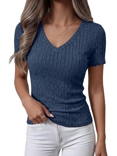 ANRABESS Womens Tops Short Sleeve V Neck Shirts Slim Fit Ribbed Knit Shirt 2026 Summer Dressy Casual Lightweight Sweaters Dark Blue X-Large