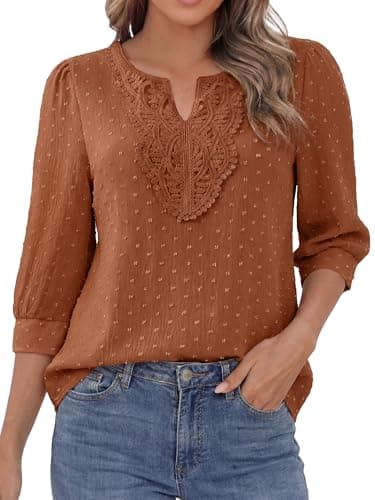Funlingo Boho Tops for Women Blouses Dressy Casual V Neck 3/4 Sleeve Lace Shirts Swiss Dot Spring Outfits Beach Vacation Clothes Brick Red 3XL - Image 1