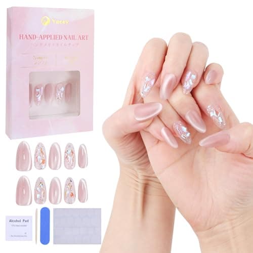Yacey Handmade Press on Nails Short Almond, Reusable Soft Muti-Gel False Nails Press Ons, Pink Cat Eye Thick Acrylic Fake Nails, 3D Artificial Bling Glossy Glue on Nails for Women Girls (10 Pcs, M) - Image 1