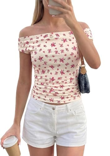 PRETTYGARDEN Womens Off The Shoulder Tops 2026 Summer Y2K Clothes Going Out Shirts Ruched Tank Top Date Night Outfits (Floral Beige Pink,Small) - Image 1