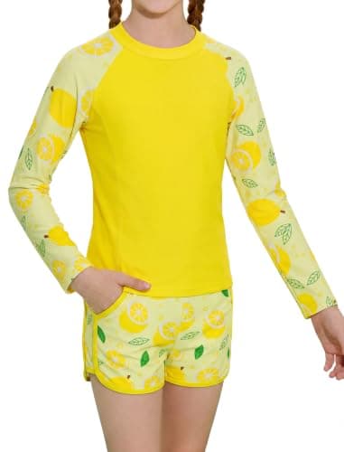 Alakuoti Girls Rash Guard Swimsuit Two Piece Bathing Suit UPF 50+ Sun Protection Long Sleeve Swimwear Size 12 Yellow Lemon