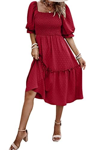 PRETTYGARDEN Women's Summer Casual Midi Dresses 2026 Spring Puff Sleeve Square Neck A Line Flowy Boho Smocked Beah Vacation Dress (Red,2XL) - Image 1