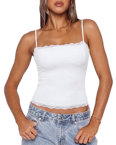 SUUKSESS Lace Camisole Tank Tops for Women Double Lined Going Out Tops Y2K Summer Outfits Basic Shirts Snow White - Image 1