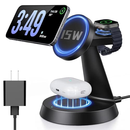 3 in 1 Wireless Charging Station for Apple, 15W Mag-Safe Charger Stand for iPhone17/16/15/14/13/12 Pro/Max/Plus/, Phone Charger Stand for Airpods 4/3/2, Wireless Charger for iWatch Series(Black) - Image 1