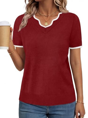 GKBK Women Short Sleeve V Neck Sweater Lightweight Pullover Top Fashion Clothing for Business Casual Work Outfits Spring Summer 2026 Crimson X-Small - Image 1