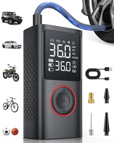 Powools Tire Inflator Portable Air Compressor, 150 PSI Cordless Bike Pump, Air Pump for Auto, Motorcycle, Bicycle, Balls with Pressure Gauge, LED Light & Car Accessories, Black, Standard Capacity - Image 1