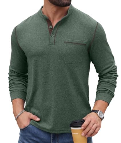 Sailwind Men's Henley Shirts Long Sleeve Button T-Shirt Casual Stylish Pullover Shirt with Pocket Green - Image 1