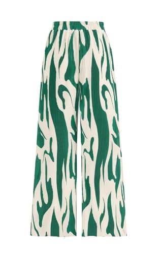 PRETTYGARDEN Graphic Print Pleated Palazzo Pants for Women Dressy Petite High Waisted Wide Leg Casual Lounge Pants Women (Dark Green on Beige, X-Large) - Image 1