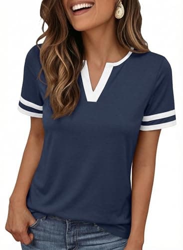 Plus Size Summer Tops 2026 for Womens Color Block V Neck Short Sleeve Tee Shirts Dressy Casual Tunic Navy - Image 1