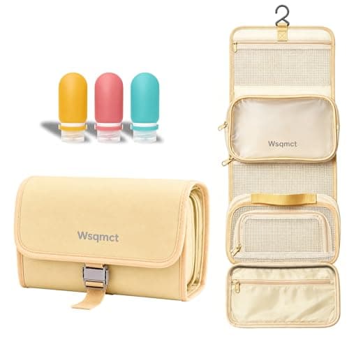 Wsqmct Hanging Travel Toiletry Bag, Waterproof Travel Bag for Toiletries Makeup Cosmetic Bag Organizer for Women Traveling Bathroom Shower, with 3 Silicone Travel Bottles, Beige - Image 1