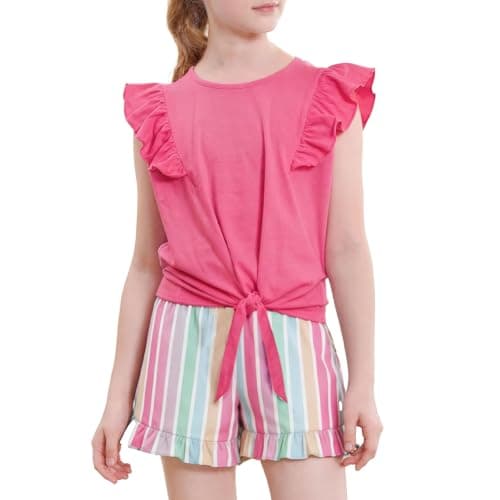 Hihosdor Girls Summer Outfits Flutter Sleeve Twist Front Tops and Cute Shorts 2 Piece Shorts Set, Rose Pink, 7-8 Years - Image 1