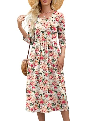 Heymoments Midi Dress for Women Floral X-Large Crewneck 3/4 Sleeves Wedding Guest A line Casual Flowy Swing Party Vintage Spring Fall Winter Travel 2026 Long Dresses with Pocket - Image 1