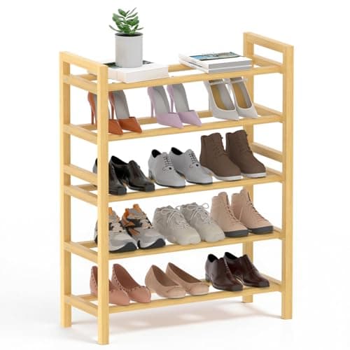 Haddockway Bamboo Shoe Rack for Closet, Free Standing Shoe Organizer with Smooth Round Rods & Convenient Handles, Stackable Shoe Storage Shelf for Entryway, Hallway(Natural, 5-Tier(Small)) - Image 1