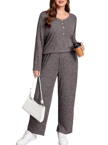 AusLook Plus Size 2 Piece Sets for Women Loose Wide Leg Pant Long Sleeve Top Matching Sets Dark Gray 3X Tracksuit Loungewear 2027 Vacation Travel Airport Outfits Going Out Comfy Track Suits - Image 1