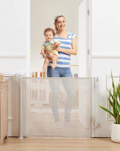Attababy Retractable Baby Gate, Exquisite Rattan Mesh, 33" Tall, Expands to 55" Wide, Dog Gate for Stairs, Doorway, Hallway, Indoor/Outdoor Pet Fence, Walk-Through Design with No Bottom Bar, Beige - Image 1