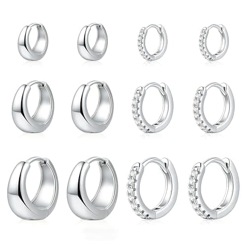 Wgoud 6 Pairs Gold Hoop Earrings Set for Women Hypoallergenic, 14K Gold Plated Lightweight Chunky Small Huggie Hoops Earrings Stacks for Multiple Piercing Jewelry Gifts. (6 Silver-Small Hoops CZ stones) - Image 1