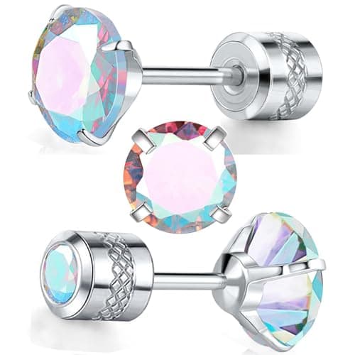 Titanium Screw Back Earrings Surgical Stainless Steel Aurora Borealis Cubic Zirconia Rainbow Fake Diamond Flat Back Stud 316L Hypoallergenic for Sensitive Ear for Women Men Teen CZ Twist Piercing Post - Image 1