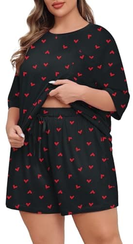 Lastshe Pajamas Set Women's Plus Size 2 Piece Soft Short Sleeve with Pockets Shorts Sleepwear Knit Pjs Loungewear Summer,Black Red Heart,2X - Image 1