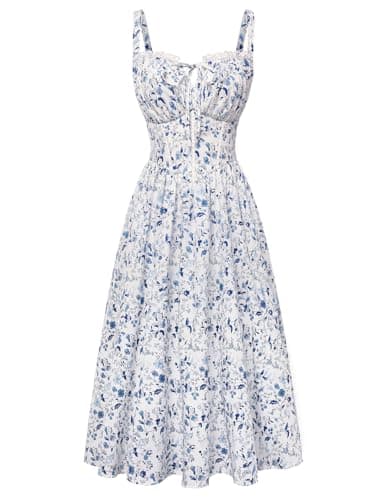 Scarlet Darkness Women 2026 Floral Corset Dress Summer Milkmaid Sundress Wedding Guest Dresses with Pockets White Blue Floral S - Image 1