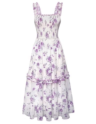 Womens Sundress Square Neck Easter Flowy Floral Summer Dresses Purple XL - Image 1