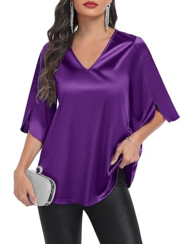 Qnursma Women’s Stretch Satin Blouses for Women Dressy Casual Elegant V Neck Tops for Women 3/4 Sleeve Flowy A-Line Silky Shirt for Wedding Guest Evening Party Outfits Church Work Clothes Purple - Image 1