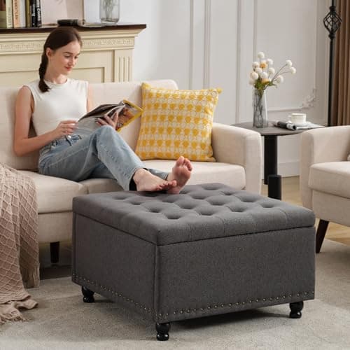 Tbfit Large Square Storage Ottoman Bench, Tufted Upholstered Coffee Table with Storage, Oversized Storage Ottomans Toy Box Footrest for Living Room, Dark Grey - Image 1