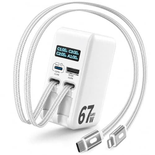 Jasput 67W Retractable Wall Charger, 4in1 GaN Fast Charger with 3.3FT Built-in USB-C & for iPhone Cables, LED Display, Foldable Travel Charger with USB-C/A Ports for MacBook, iPhone 8-17, iPad, Galaxy - Image 1