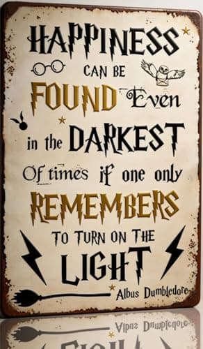 Annekilly Happiness Can Be Found Even In The Darkest Metal Signs, Vintage Magic Sign for Movie Wizard Theme Lovers Office Decor Motivational Room Wall Decor 12x8 Inch - Image 1