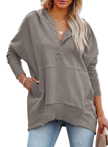 PRETTYGARDEN Women Long Sleeve Casual Button V Neck Hoodies Oversized Sweatshirt Hooded Tops with Big Pockets (Grey,X-Large) - Image 1