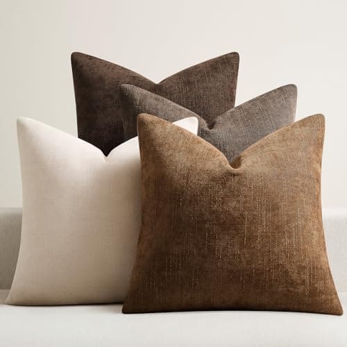 GriNeed Pack of 4 Throw Pillow Covers 20x20 Inch Chenille Textured Neutral Brown Soft Pillow Covers Solid Decorative Farmhouse Cushion Covers Home Boho Western Decor for Couch Sofa Bed Living Room - Image 1