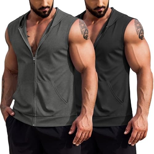 COOFANDY Mens Sleeveless Hooded T Shirts Sleeveless Hoodie Men Cut Off Tank Top 2 Pack Zip Front Black and Dark Grey S - Image 1