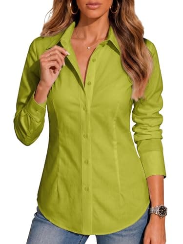 BBIBBI Collared Shirts for Women Womens Button Down Blouse Dress Shirt Women's Tops Long Work Business Casual Clothing Mustard Green Size L - Image 1
