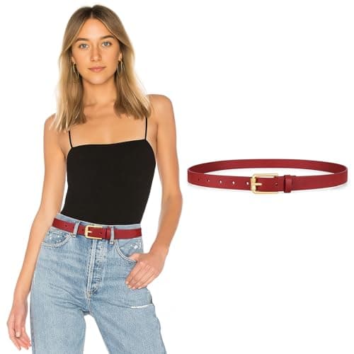 WHIPPY Casual Leather Belt for Women Skinny Waist Belt Thin Fashion Belt for Jeans Pants Dresses, Bowknot-Shaped Gold Buckle, Red, XL - Image 1