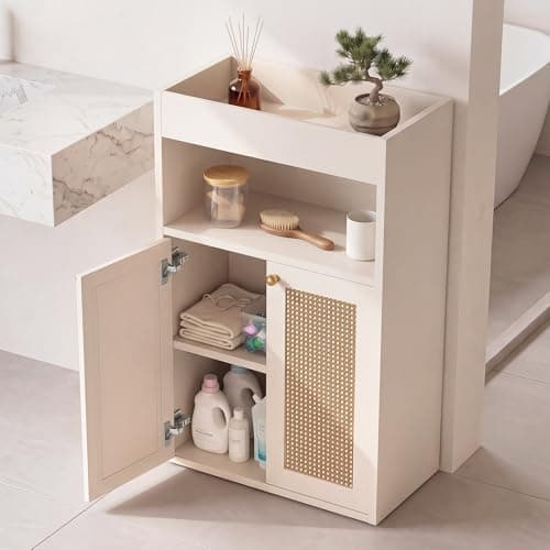 OMCHOM 37.5" Narrow Freestanding Bathroom Storage Cabinet with Rattan Doors, Top Enclosed Guardrail Shelf, High Density Solid MDF Adjustable Shelf, White Bathroom Organizer (White) - Image 1