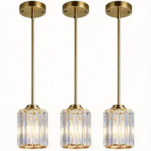 3 Pack Brushed Gold Pendant Lights Kitchen Island, Adjustable Height Farmhouse Mini Crystal Chandelier, Ceiling Hanging Light Fixtures, Lamparas Colgantes for Kitchen Hallway Dining Room Bedroom - Image 1