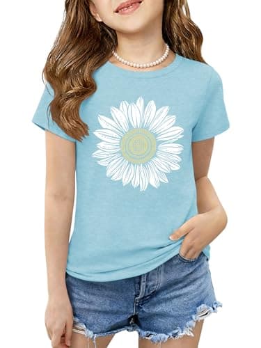 GEMLON Girls Shirt Graphic Printed Tees Round Neck Short Sleeve Comfy Tops Girls Clothes Size 6 for Casual Blue - Image 1