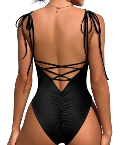 WODECASA Women One Piece Swimsuit Tie Shoulder Backless Bathing Suit Lace Up Back Ruched Hip Sexy High Cut Monokini - Image 1